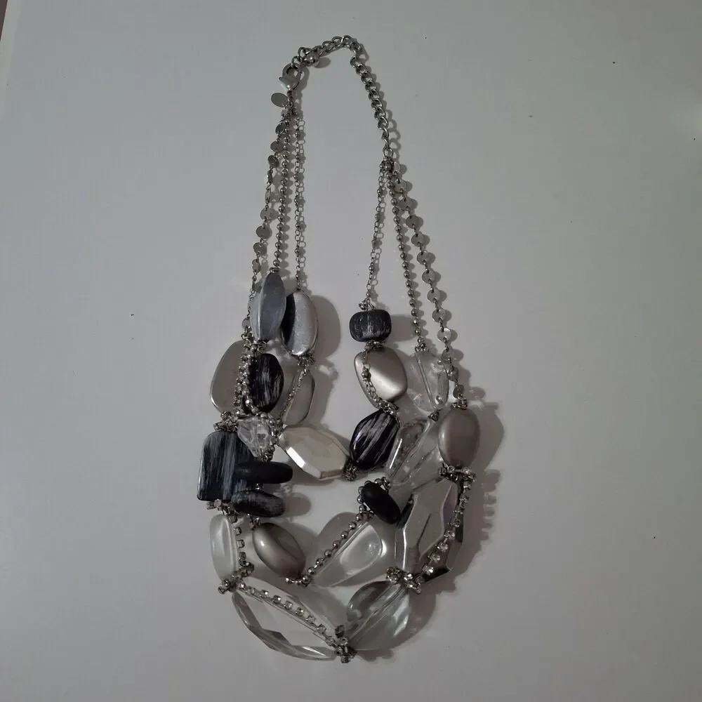 Chicos Silver Tone Clear Beaded Rhinestone Layered Chunky Statement Necklace